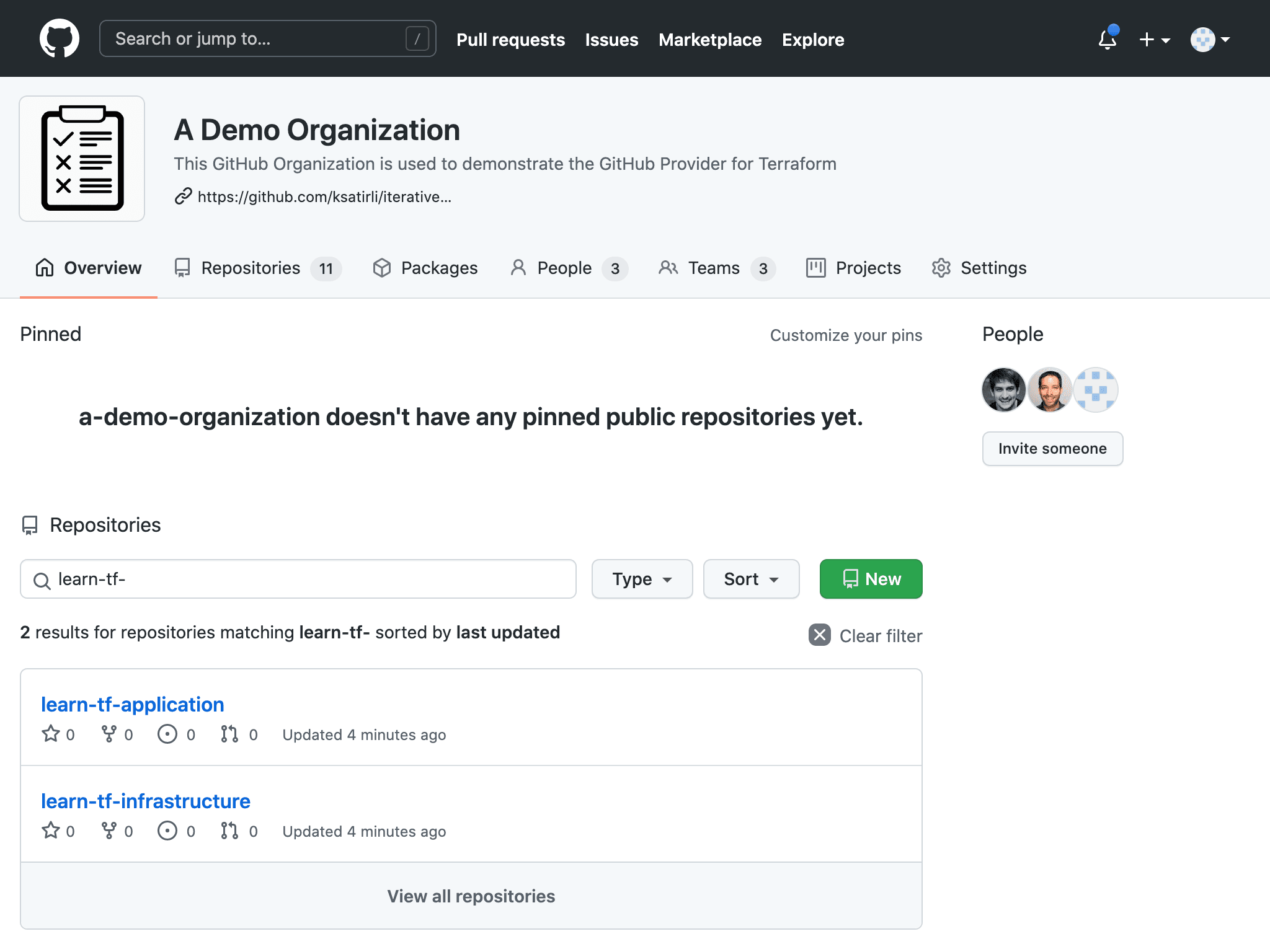 GitHub organization dashboard containing the two newly created repositories for application and infrastructure