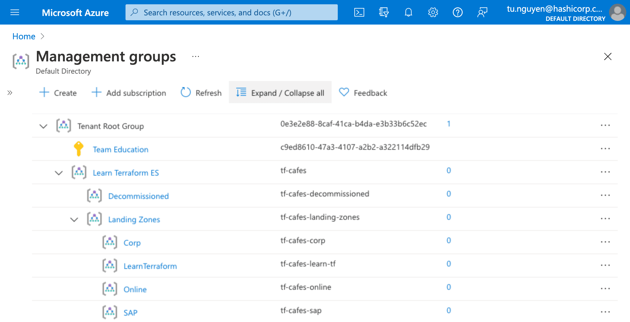 Page that lists all the management groups, including the new LearnTerraform landing zones