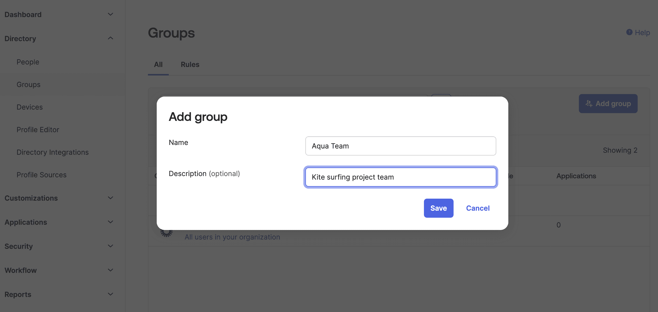 Screenshot showing Okta group dialog